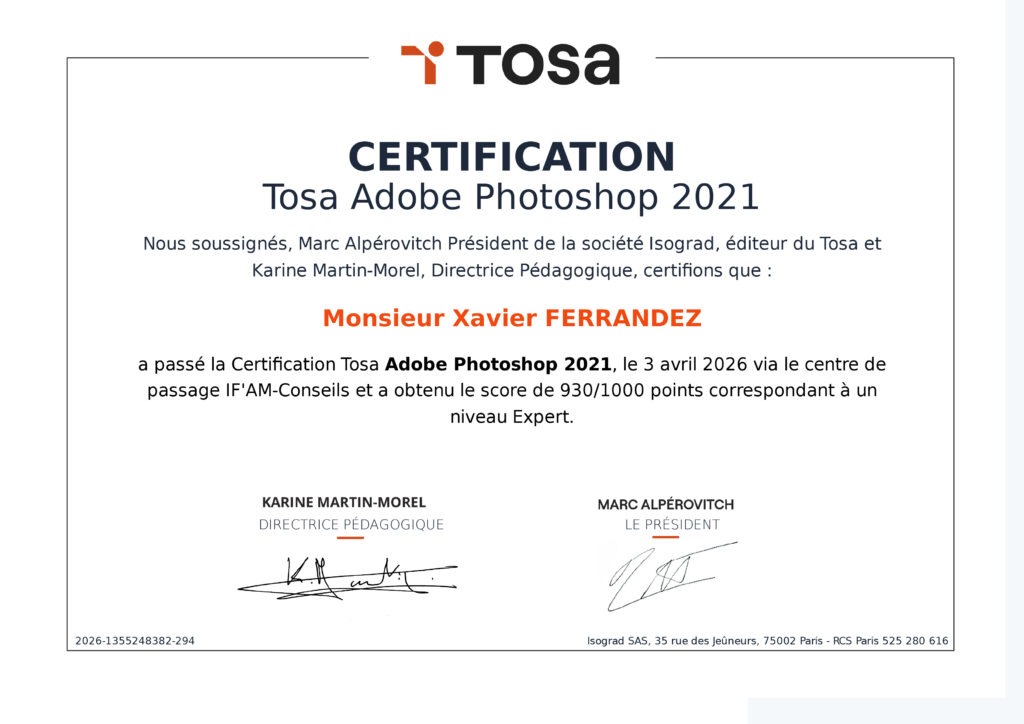 Certification TOSA Photoshop | Xavier Ferrandez