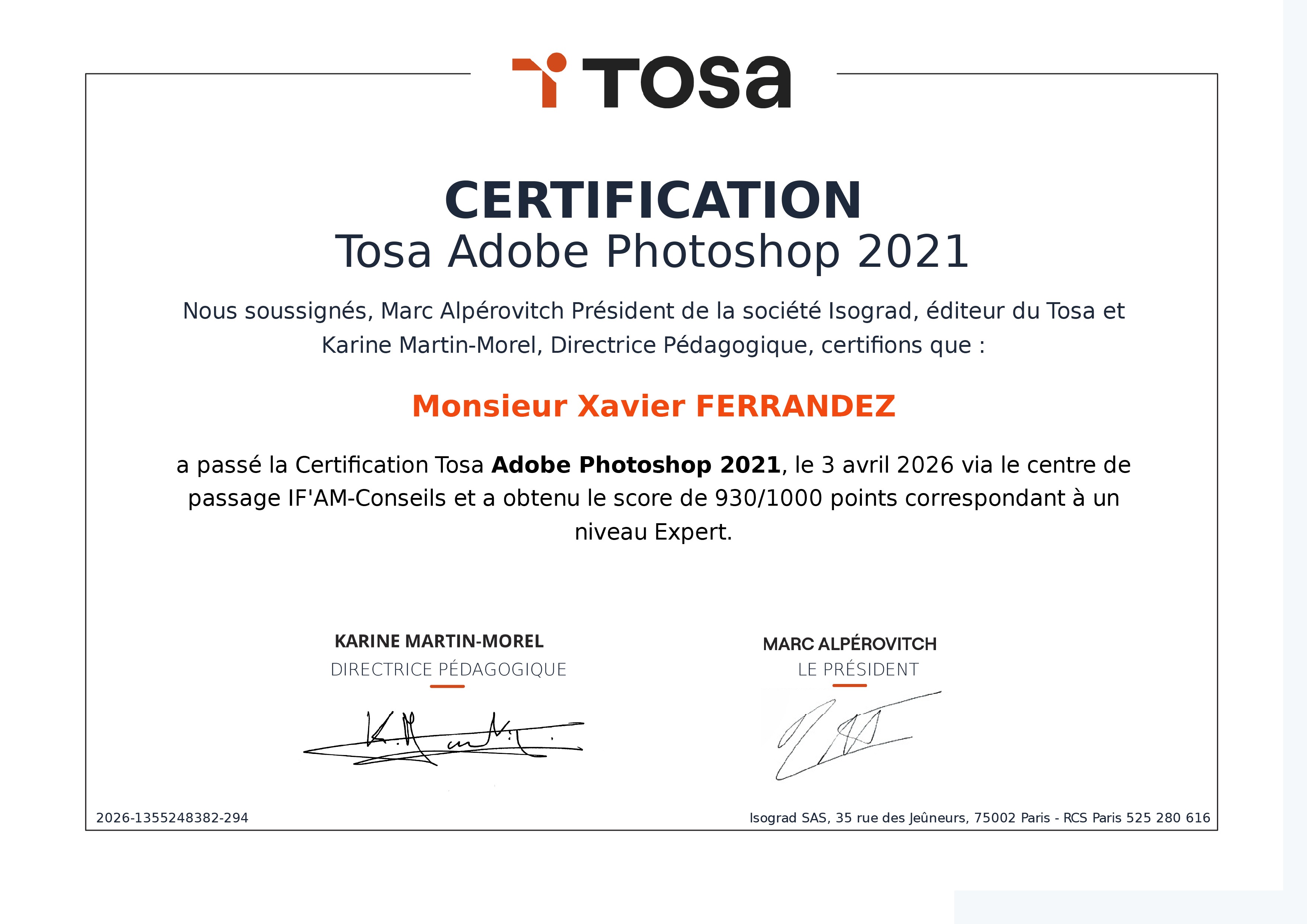 Certification TOSA Photoshop | Xavier Ferrandez